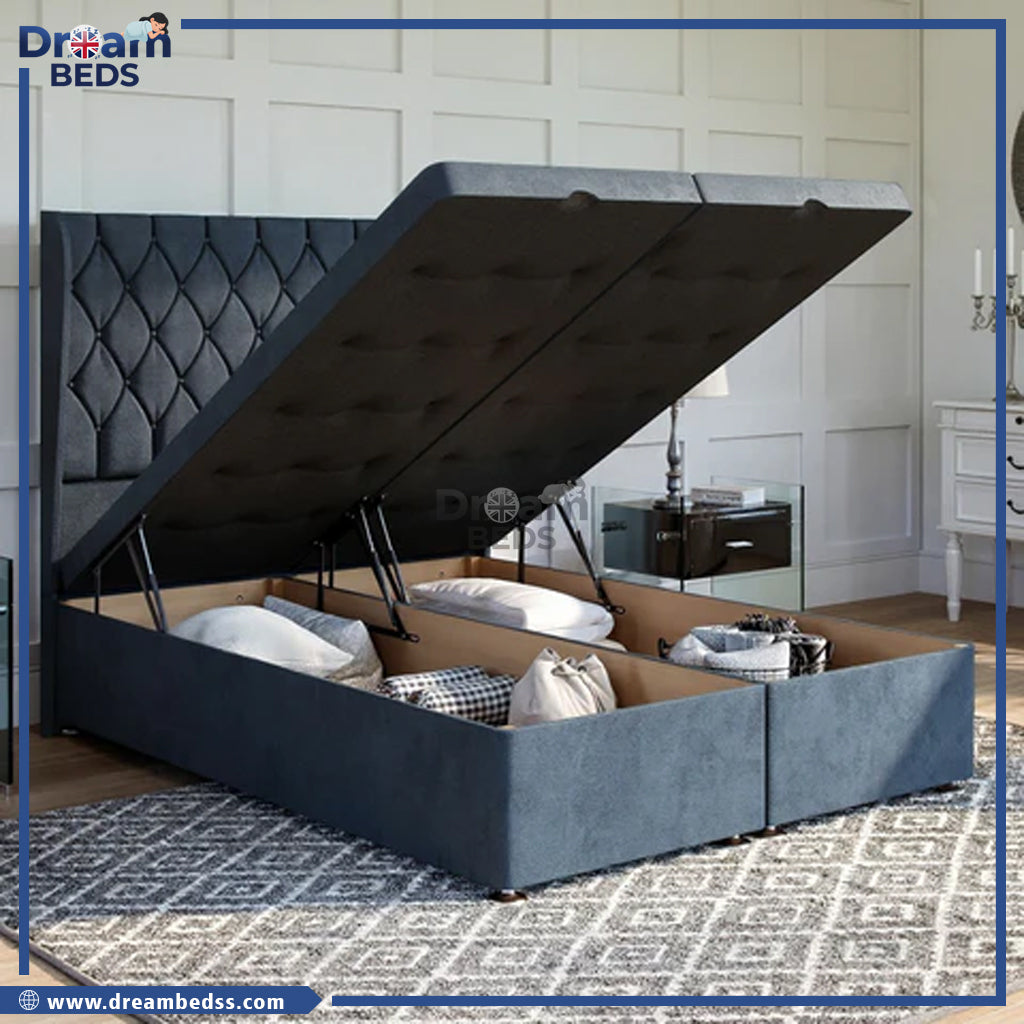 Buckingham Ottoman Bed Set with Winged Floor Standing Headboard