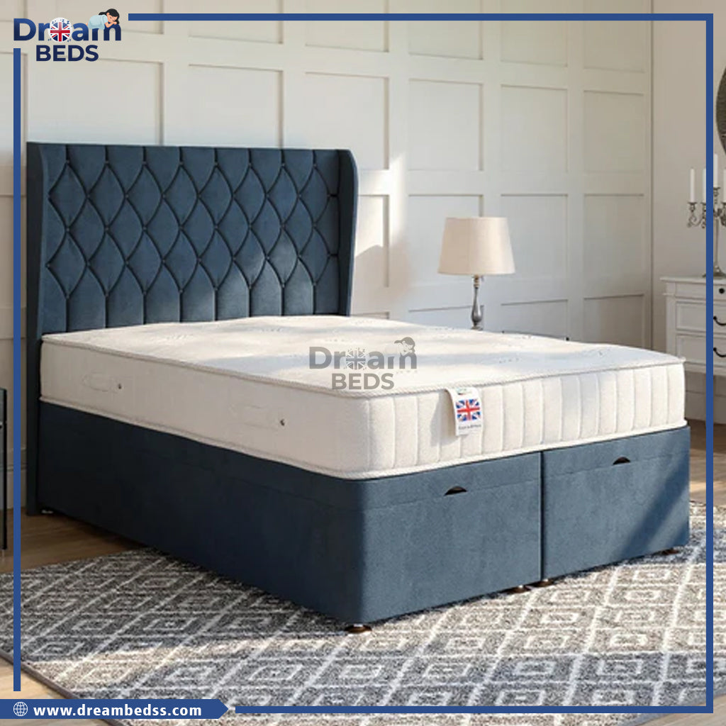 Buckingham Ottoman Bed Set with Winged Floor Standing Headboard