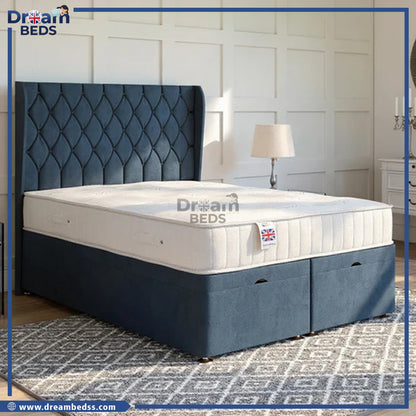 Buckingham Ottoman Bed Set with Winged Floor Standing Headboard